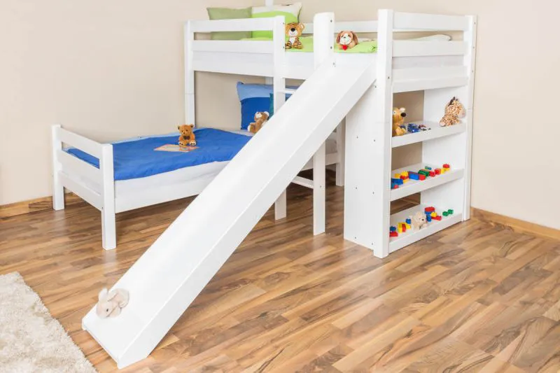 Lits superposés enfants en hêtre massif blanc, avec toboggan et étagère | Séparables | 90 x 200 cm | Rollrost inclus