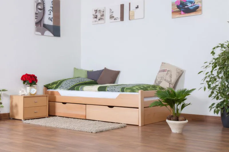 Lit simple / Lit fonctionnel "Easy Premium Line" K1/1n incl 2 tiroirs et 2 panneaux de recouvrement, 90 x 200 cm hêtre massif nature