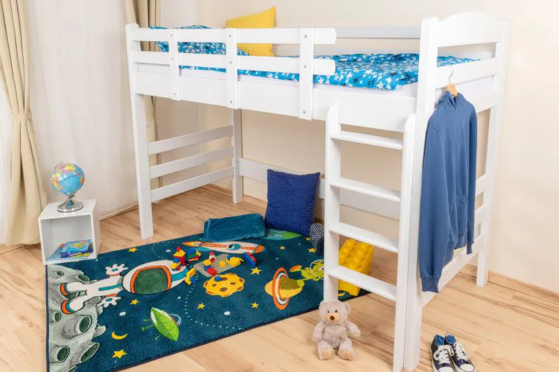 Lit d'enfant / Lit mezzanine "Easy Premium Line" K22/n, hêtre massif blanc - Surface de couchage : 90 x 200 cm