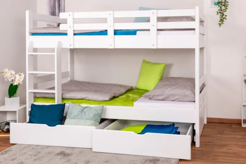 Lits superposés pour adultes "Easy Premium Line" K20/n avec 2 tiroirs et 2 caches, tête et pied de lit droits, hêtre massif blanc - Couchage : 90 x 200 cm, convertibles