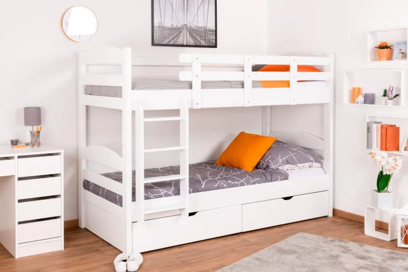 Lits superposés pour adultes "Easy Premium Line" K21/n avec 2 tiroirs et 2 caches, tête et pied arrondis, hêtre massif blanc - 90 x 200 cm (l x L), séparables