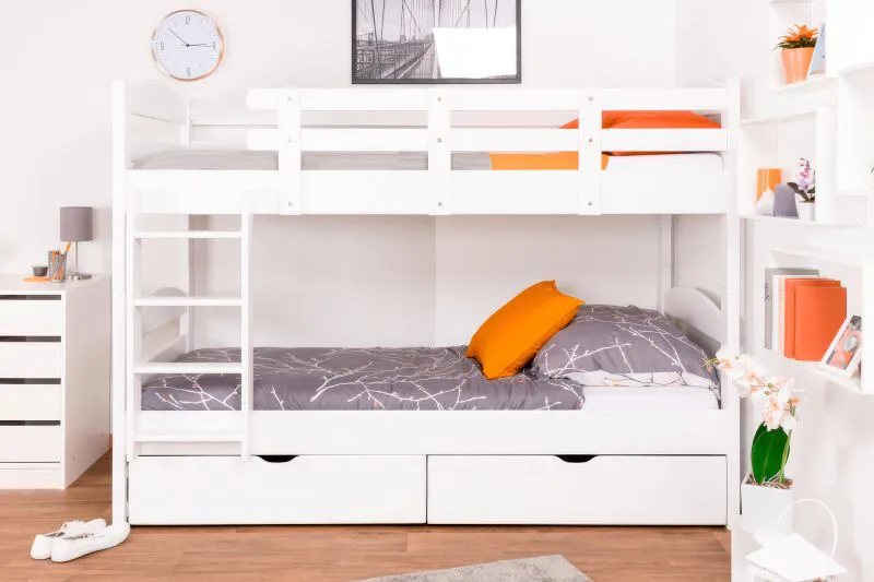Lits superposés pour adultes "Easy Premium Line" K21/n avec 2 tiroirs et 2 caches, tête et pied de lit arrondis, en hêtre massif blanc - 90 x 200 cm (l x L), convertibles