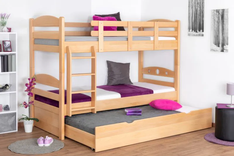 Lits superposés pour adultes "Easy Premium Line" K18/h avec couchage supplémentaire et 2 caches, Tête de lit ajourée, Hêtre massif naturel - Couchage : 90 x 200 cm, Convertibles