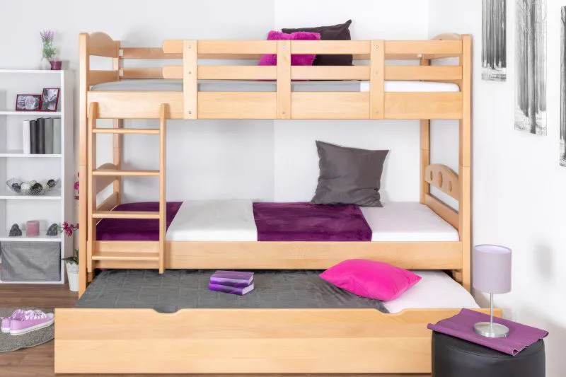 Lits superposés pour adultes "Easy Premium Line" K18/h avec couchage supplémentaire et 2 caches, Tête de lit ajourée, Hêtre massif naturel - Couchage : 90 x 200 cm, Convertibles