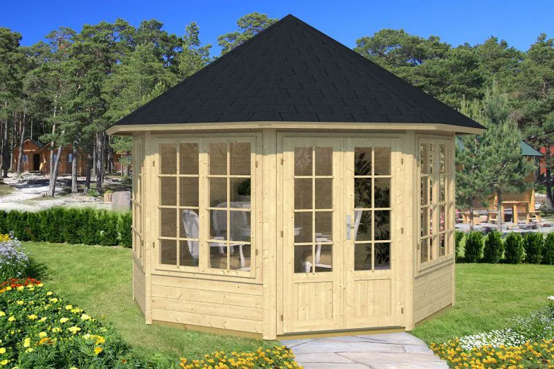 Abri de jardin Heiterberg avec plancher - Maison en madriers de 40 mm, Surface au sol : 8,9 m², Toit en toile
