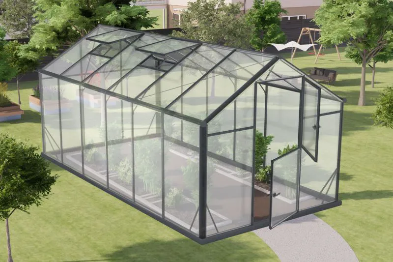 Serre - Mangold L10, verre trempé 4 mm, surface au sol : 9,50 m² - Dimensions : 430 x 220 cm (lo x la)