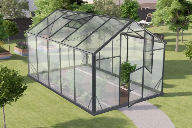 Serre - Serre Radicchio L8, parois : verre trempé 4 mm, toit : 6 mm HKP multiparois, surface au sol : 7,90 m² - Dimensions : 360 x 220 cm (lo x la)