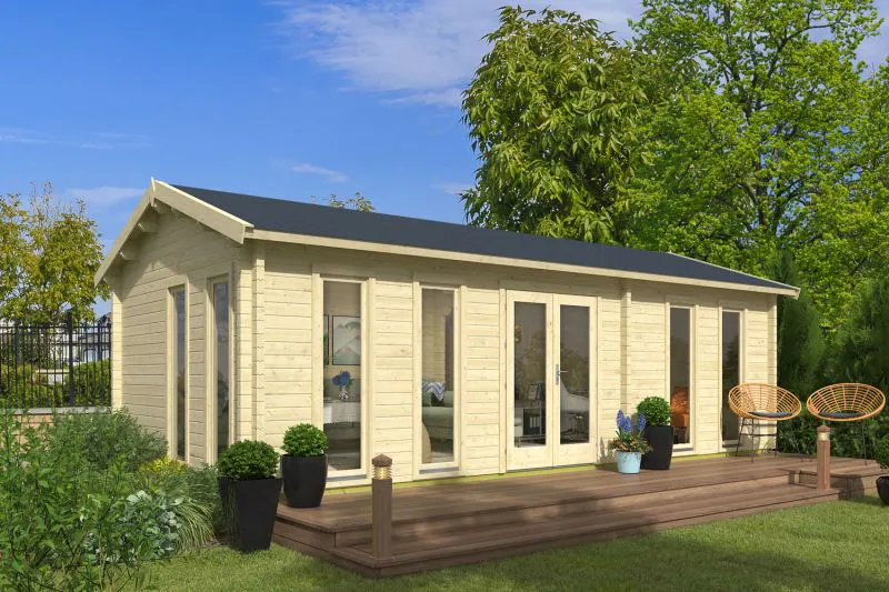 Abri de jardin en bois d'épicéa nordique, surface au sol : 32 m², Maison en madriers de 70 mm, fenêtres et porte en verre isolant, Toit à deux versants, dimensions extérieures : 400 x 800 cm