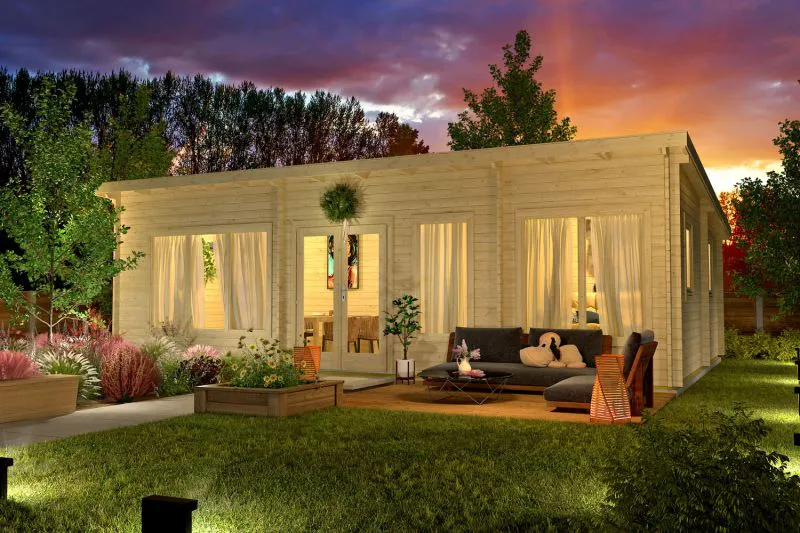 Maison de vacances / Maison de jardin avec 5 pièces, plancher inclus, en bois de sapin nordique, 40 mm Maison en madriers, surface au sol : 49,9 m², dimensions extérieures : 840 x 595 cm, fenêtres et porte en verre isolant, toit plat
