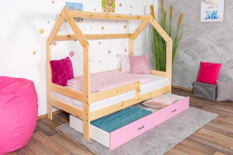 Lit cabane enfant bois massif naturel D3 | Tiroir rose | Sommier inclus | 80 x 160 cm