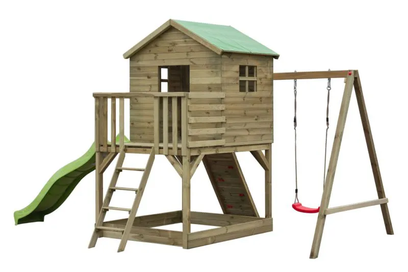 Tour de jeux S20C1, toit : vert, avec toboggan ondulé, balançoire simple annexe, balcon, bac à sable, mur d'escalade et échelle en bois - Dimensions : 462 x 363 cm (l x p)