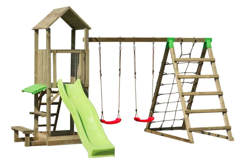 Tour de jeux S29B, incl. toboggan ondulé, balançoire double annexe, bac à sable, banc couvert et portique d'escalade, 427 x 346 cm, tour de jeux pour enfants, tour à grimper