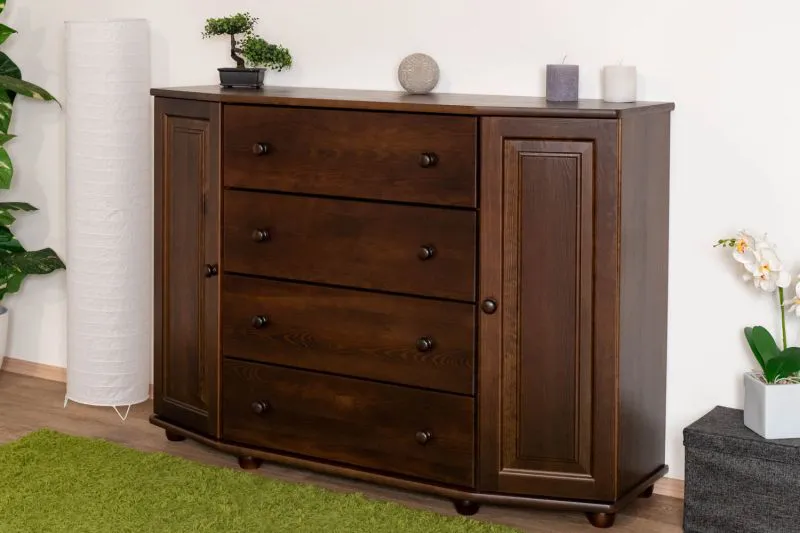 Commode moderne en pin massif Junco 166, 100 x 140 x 47 cm, couleur noyer, avec 4 tiroirs et 6 compartiments, bois de grande qualité, finition professionnelle