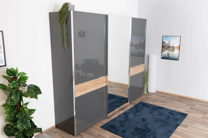 Armoire penderie à portes coulissantes Vaitele 11 | Anthracite brillant & Noyer | 224 x 272 x 61 cm | Organisation optimale