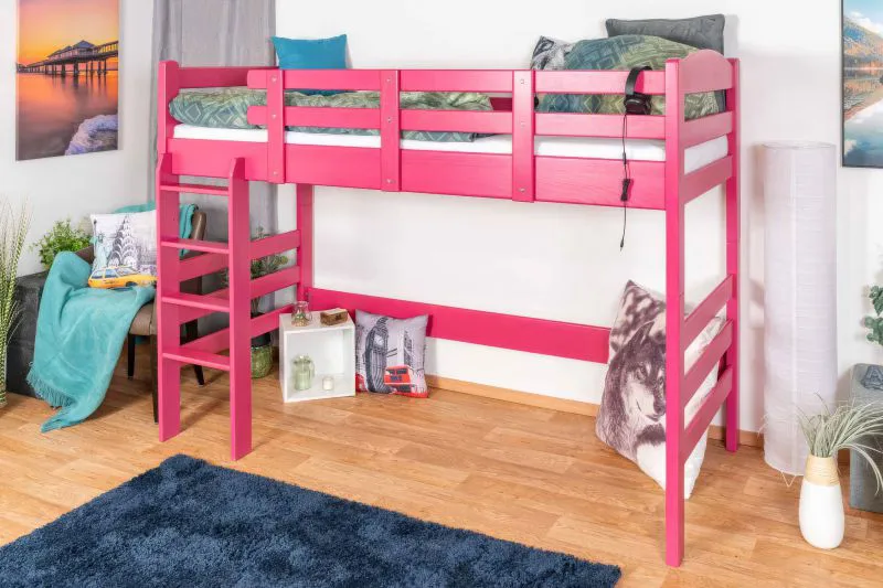 Lit mezzanine 90 x 200 cm, "Easy Premium Line" K22/n, bois de hêtre massif laqué rose, divisible