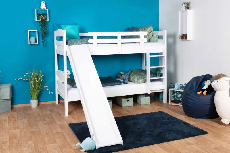 Lit superposé blanc avec toboggan | 80 x 190 cm | Bois de hêtre massif | Séparable en 2 lits simples | Easy Premium Line K25/n