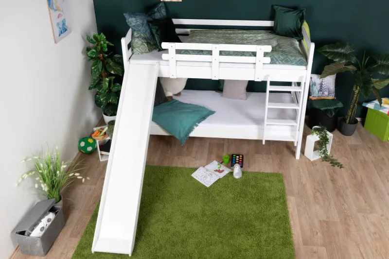 Lit superposé blanc avec toboggan 80 x 200 cm | Hêtre massif laqué | Séparable en 2 lits simples | Easy Premium Line K25/n
