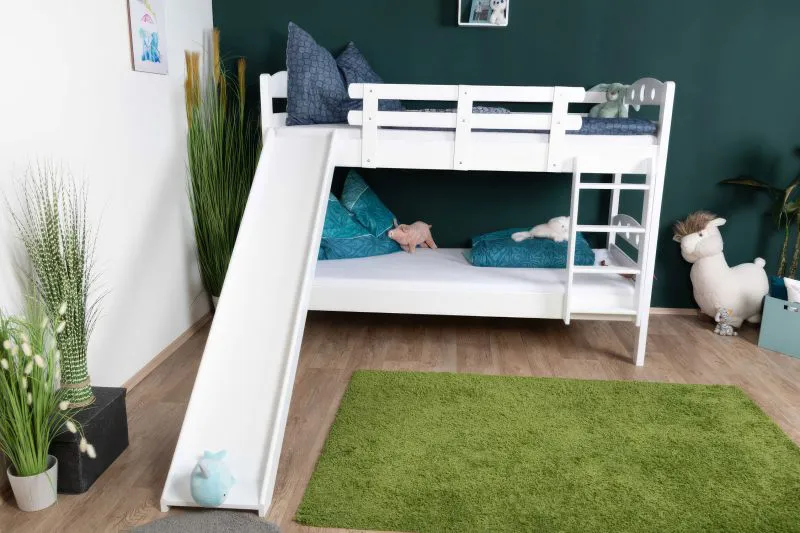 Lit superposé blanc avec toboggan 80 x 200 cm | Hêtre massif laqué blanc | Séparable en 2 lits simples | Easy Premium Line K26/n