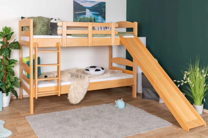 Lit superposé avec toboggan 90 x 190 cm | Bois de hêtre massif naturel | Séparable en 2 lits simples | Easy Premium Line K29/n