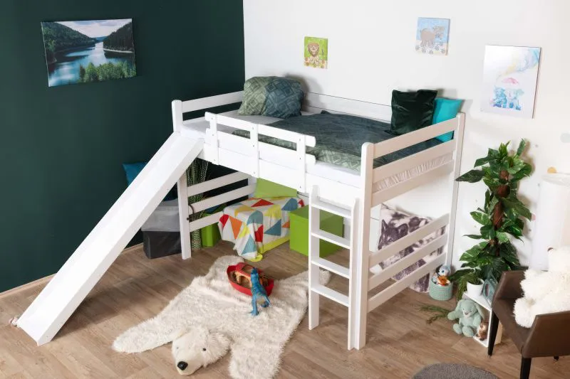 Lit mezzanine blanc avec toboggan 120 x 200 cm | Bois massif hêtre | Transformable en lit simple | Easy Premium Line K31/n