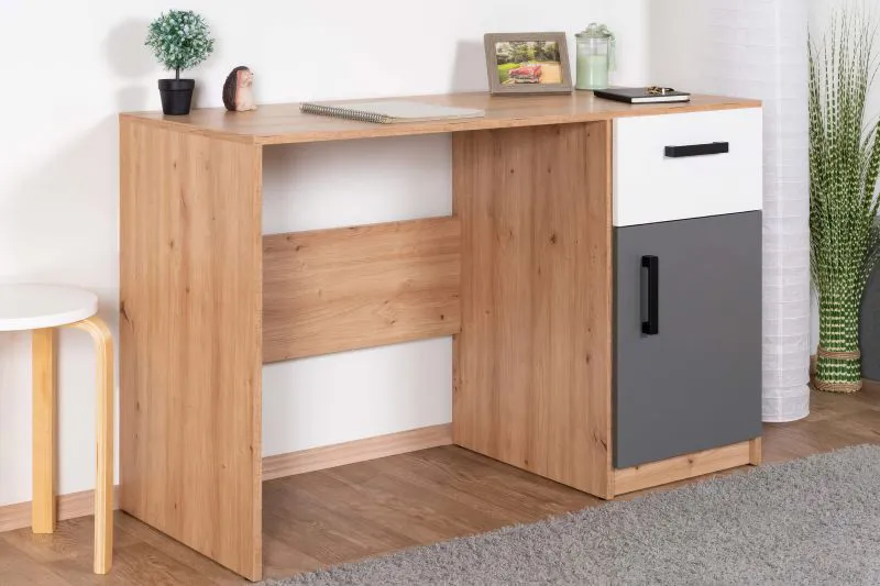 Bureau ado Sallingsund 08 | 76 x 120 x 51 cm | Chêne / Blanc / Anthracite | 1 porte, 1 tiroir, 2 niches