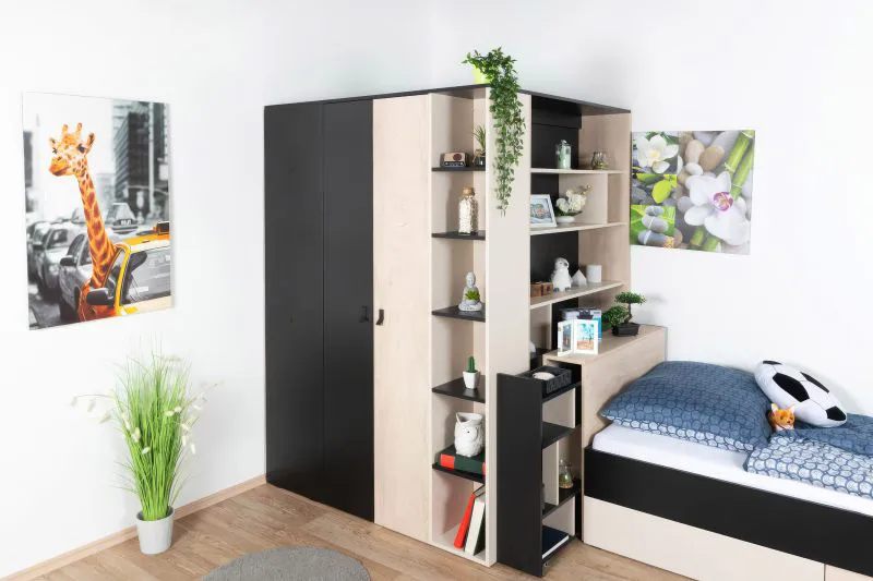 Chambre d'adolescents - armoire à portes battantes / armoire d'angle Aalst 01, couleur : chêne / crème / noir - Dimensions : 190 x 135 x 135 cm (h x l x p)