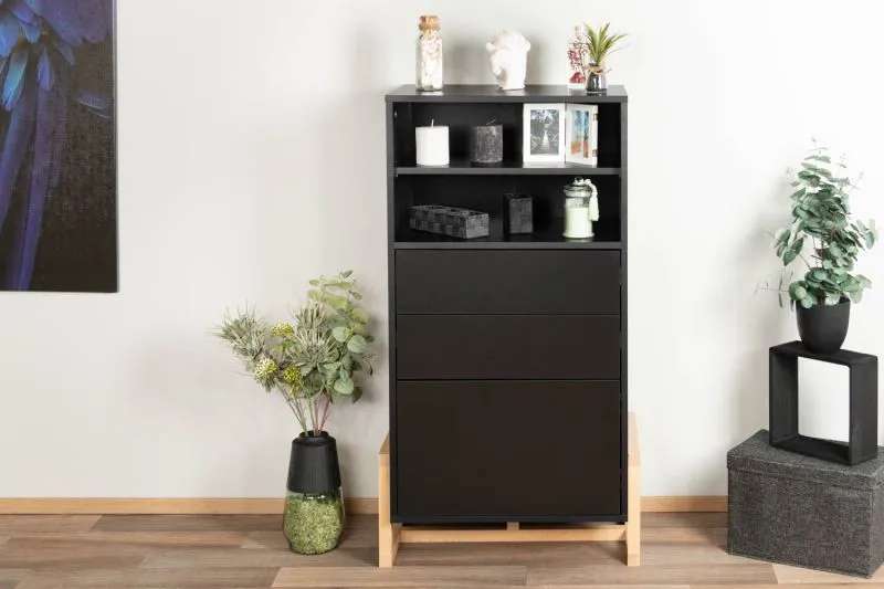 Commode Kustanai 03, Couleur : Noir / hêtre - Dimensions : 116 x 63 x 42 cm (h x l x p)