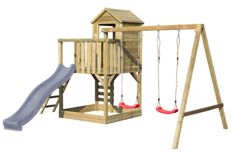 Tour de jeu S4B avec toboggan ondulé | double balançoire | balcon | mur d’escalade | bac à sable | 450 x 330 cm