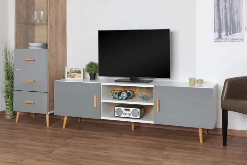 Meuble TV bas Hohgant 06 | Blanc & Gris brillant | 55 x 180 x 42 cm | Design moderne et spacieux