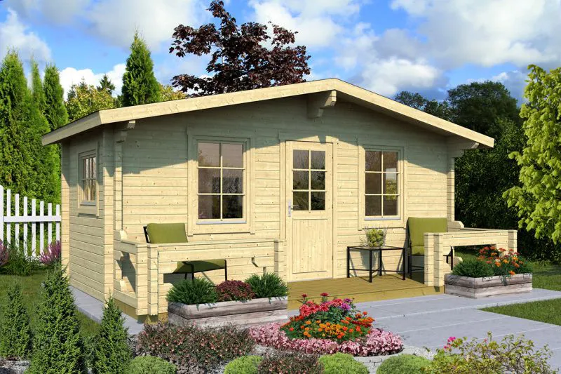 Bois-Maison de jardin 3,84 x 6,08 mètres (incl. toit) | 4 fenêtres | 70 mm Madriers |Naturel non traité | toit à deux pentes | incl. plancher | en épicéa nordique Abbildung