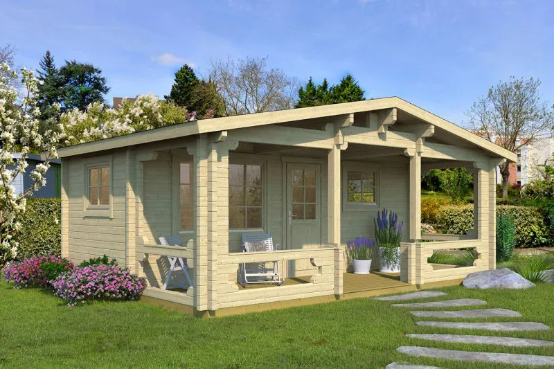 Bois-Maison de jardin 4,9 x 6,52 mètres (incl. toit) | 4 fenêtres | 70 mm Madriers |Naturel non traité | toit à deux pentes | incl. plancher | en épicéa nordique Abbildung