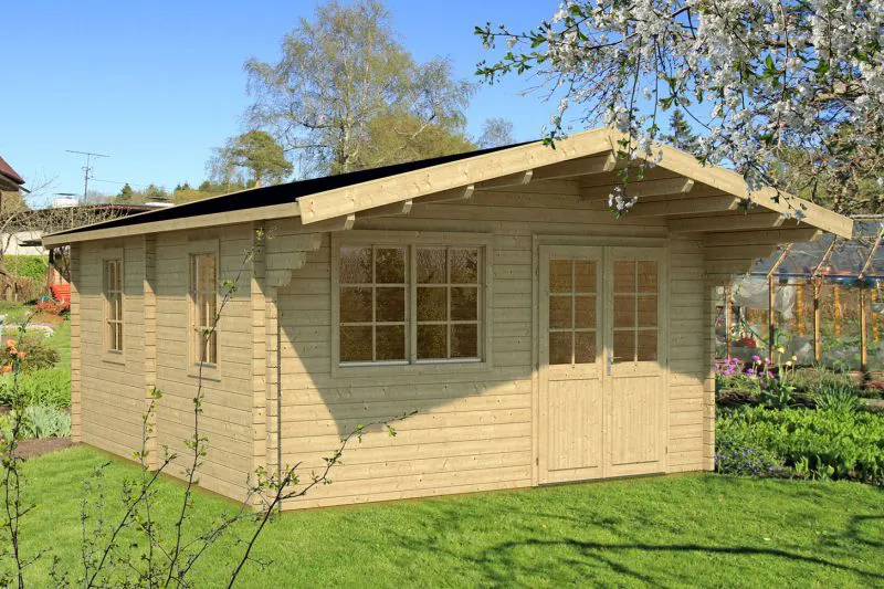 Bois-Maison de jardin 7,45 x 5,48 mètres (incl. toit) | 3 fenêtres | 70 mm Madriers |Naturel non traité | toit à deux pentes | incl. plancher | en épicéa nordique Abbildung