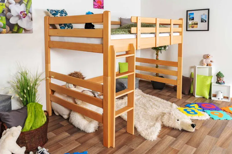 Bois massif Lit mezzanine pour enfants | Dimension du matelas: 120 x 190 cm | Laqué Naturel | convertible en lit simple | Qualité premium | incl. sommier à lattes Abbildung