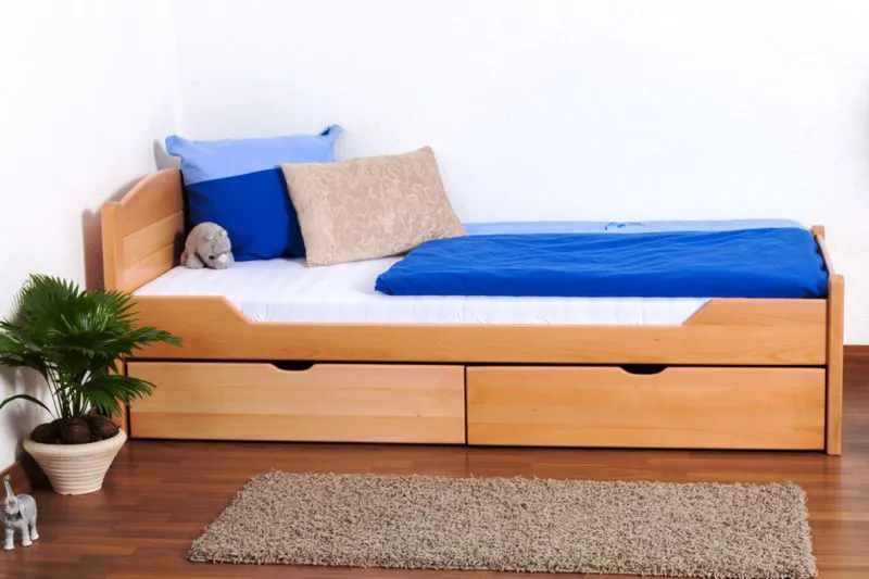 Cadre de lit pour enfants 90 x 200 cm |incl. espace de rangement / 2 tiroirs | Bois massif: Hêtre | Laqué Naturel | incl. Sommier à lattes Abbildung