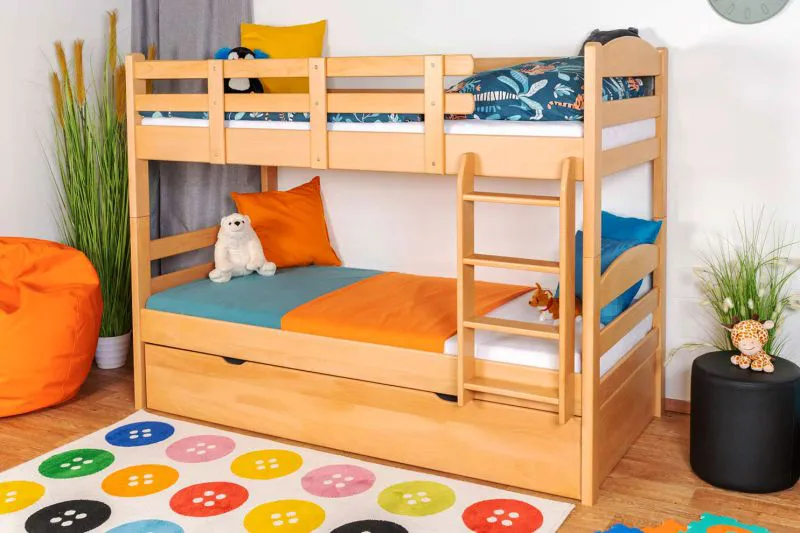 90 x 200 cm Lit superposé avec lit gigogne pour 3ème couchage 90 x 190 cm (coffre de lit / espace de rangement) | Bois massif: Hêtre | Laqué Naturel | convertible en deux lits simples | Qualité premium | Incl. Sommier à lattes déroulable Abbildung