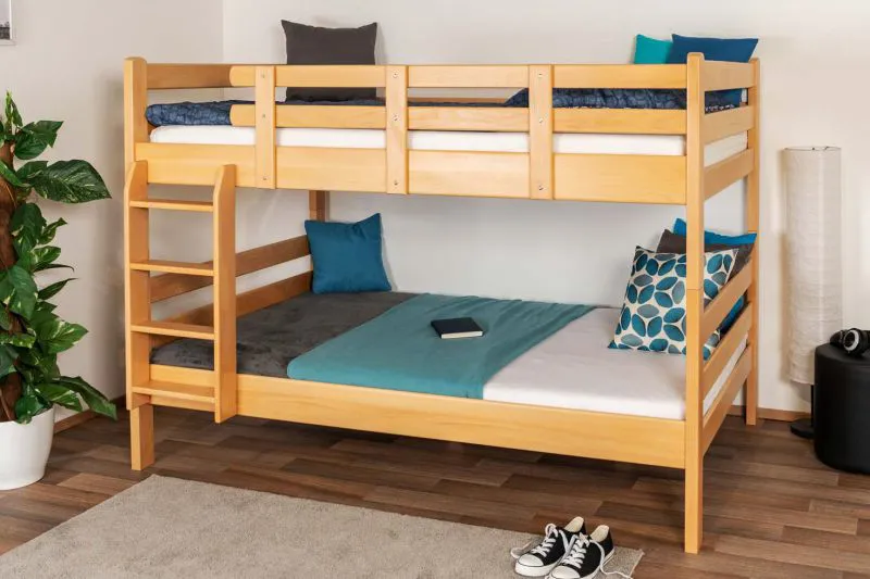 Lit superposé pour enfant 120 x 200 cm (transformable) | Bois massif: Hêtre | Laqué Naturel | convertible en 2 lits simples | Qualité premium | Incl. Sommier à lattes déroulable Abbildung