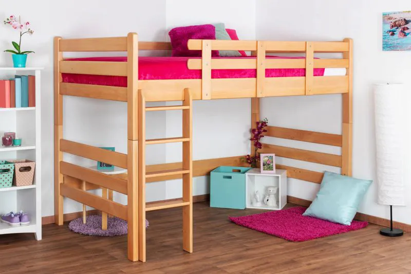 Lit mezzanine pour enfant 120 x 200 cm | Bois massif: Hêtre | Laqué Naturel | convertible en lit simple | Qualité premium | incl. sommier à lattes Abbildung