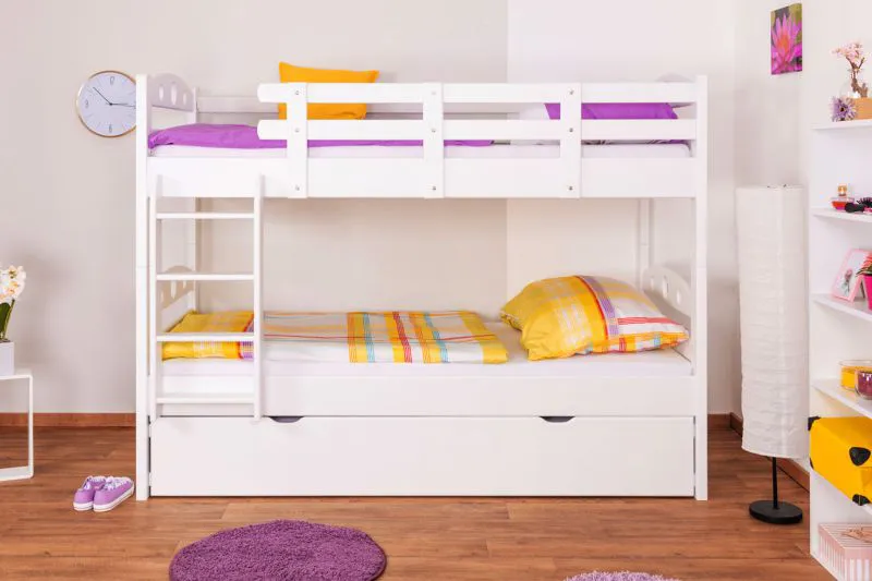 90 x 200 cm Lit superposé d'adolescent avec coffre de lit comme 3ème surface de couchage | Bois massif: Hêtre | Laqué Blanc | convertible en 2 lits simples | Coffre de lit comme espace de rangement ou de couchage | Incl. Sommier à lattes déroulable Abbildung