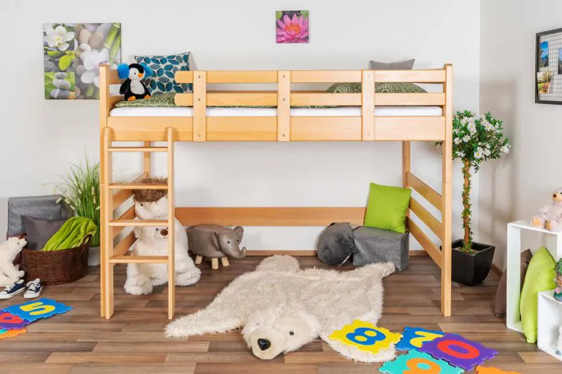 Lit mezzanine pour enfant 120 x 190 cm | Bois massif: Hêtre | Laqué Naturel | convertible en lit simple | incl. sommier à lattes Abbildung