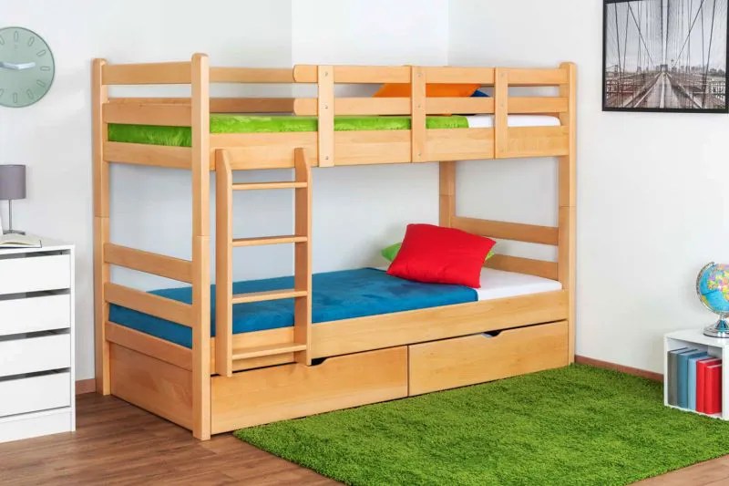 Chambre d'adolescent-Lit superposé incl. espace de rangement (2 tiroirs) | 90 x 200 cm | Bois massif: Hêtre | Laqué Naturel | convertible en 2 lits simples | Qualité premium | Incl. Sommier à lattes déroulable Abbildung