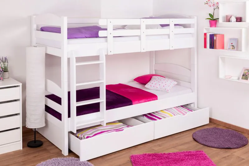 Lit superposé adolescent incl. espace de rangement (2 tiroirs) | 90 x 200 cm | Bois massif: Hêtre | Laqué Blanc | convertible en 2 lits simples | Qualité premium | Incl. Sommier à lattes déroulable Abbildung