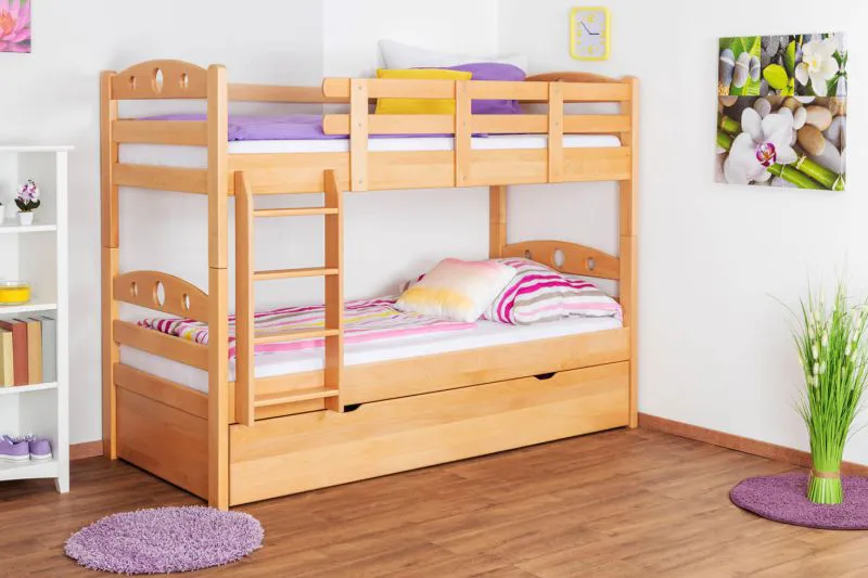 90 x 200 cm Lit superposé d'adolescent avec coffre de lit comme 3ème surface de couchage | Bois massif: Hêtre | Laqué Naturel | convertible en 2 lits simples | Coffre de lit comme espace de rangement ou de couchage | Incl. Sommier à lattes déroulable Abbildung