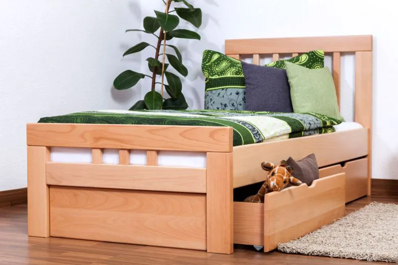 Cadre de lit pour enfants / Lit pour enfant 90 x 200 cm | Bois massif: Hêtre | Laqué Naturel | incl. 2 tiroirs et sommier à lattes | Qualité particulièrement élevée Abbildung