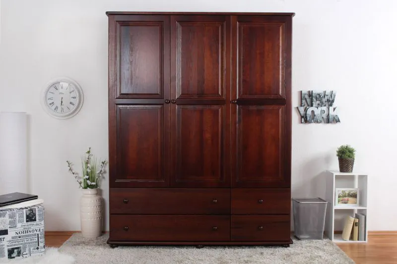 Armoire | 3 portes battantes | 4 tiroirs | 4 casiers | avec tringle à vêtements | 154 cm de large | Bois massif | Couleur: Noix Abbildung