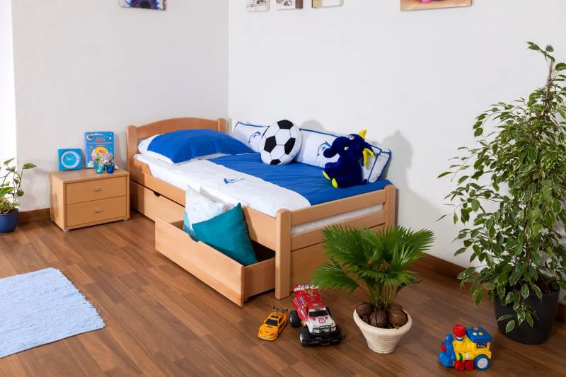 Cadre de lit pour enfants / Lit pour enfant 90 x 200 cm | Bois massif: Hêtre | Laqué Naturel | incl. 2 tiroirs et sommier à lattes | Qualité particulièrement élevée Abbildung