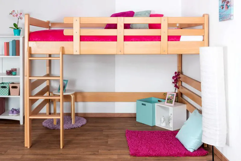Lit mezzanine pour enfants 120 x 200 cm | Bois massif: Hêtre | Laqué Naturel | convertible en lit simple | Qualité premium | incl. sommier à lattes Abbildung