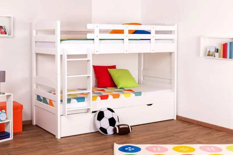 Lit superposé + Lit gigogne pour enfants 90 x 200 cm | Bois massif: Hêtre | Laqué Blanc | incl. espace de rangement/Lit gigogne | convertible en 2 lits simples | Incl. Sommier à lattes déroulable Abbildung