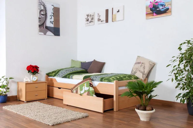 Cadre de lit pour enfants / Lit pour enfant 90 x 200 cm | Bois massif: Hêtre | Laqué Naturel | incl. 2 tiroirs et sommier à lattes | Qualité particulièrement élevée Abbildung