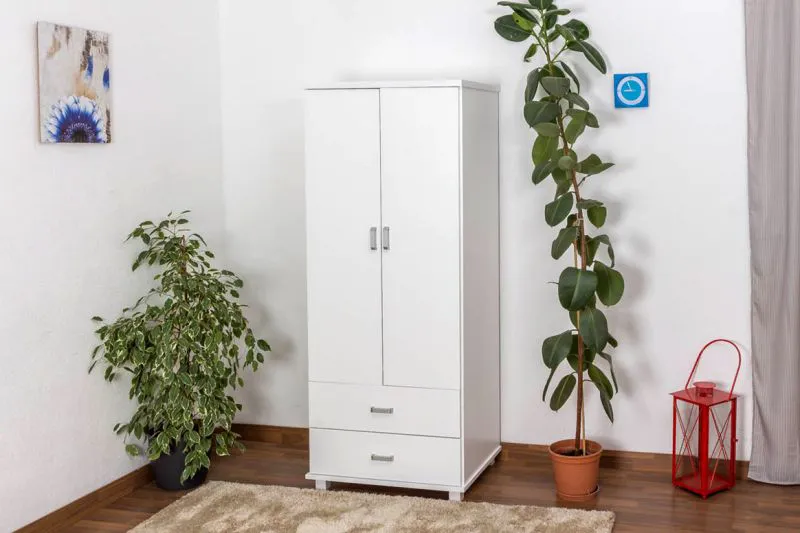 Étroite Armoire | 2 portes battantes | 2 tiroirs | 1 casier | avec tringle à vêtements | 80 cm de large | Bois massif | Couleur: Blanc Abbildung