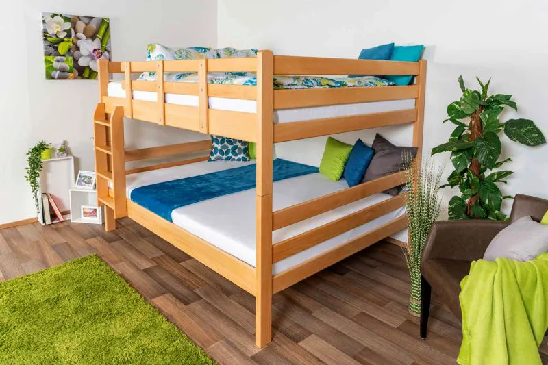 Lit double-Lit superposé pour jusqu'à 4 personnes 160 x 200 cm | Bois massif: Hêtre | Laqué Naturel | convertible en deux lits simples | Qualité premium | Incl. Sommier à lattes déroulable Abbildung